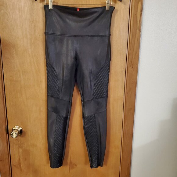 SPANX Moto Faux Leather High Rise Leggings Contour Power Waist Black Womens XL - Picture 4 of 6